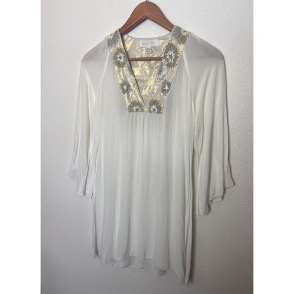 Tamara Catz Embroidered Tunic Top Women’s Sz XS White/Ivory Gold Shimmer - Picture 2 of 7